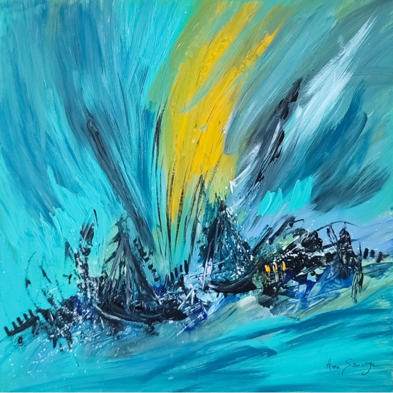 tableau abstrait bleu jaune bateaux