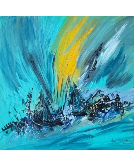 tableau abstrait bleu jaune bateaux