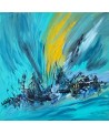tableau abstrait bleu jaune bateaux