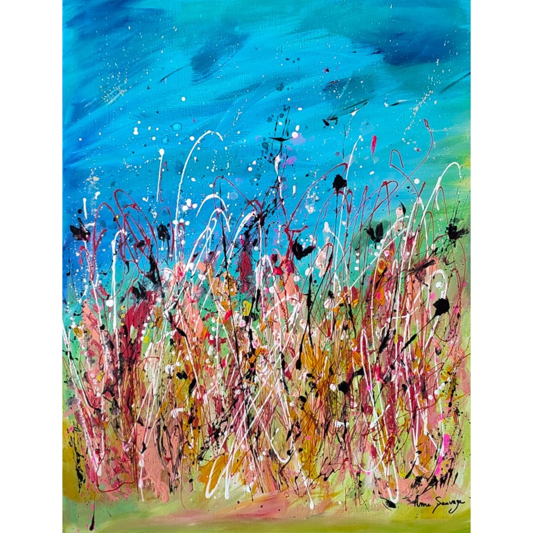 tableau abstrait bleu vert rouge orange couleurs joyeuses