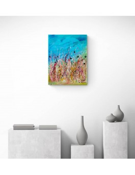 tableau abstrait bleu vert rouge orange jaune joyeux