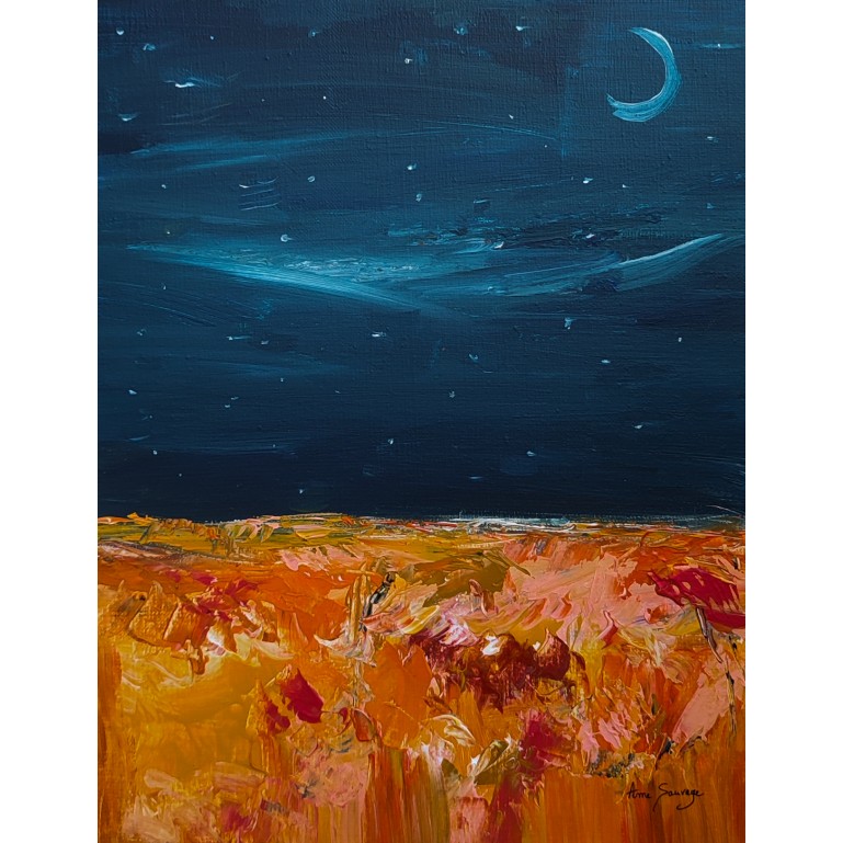 tableau-abstrait-bleu-orange-lune-nuit