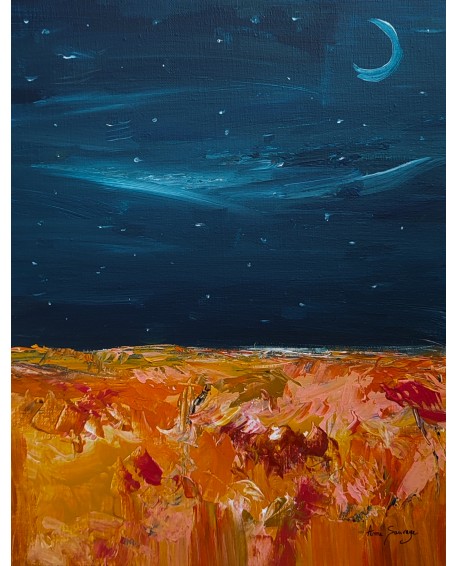 tableau-abstrait-bleu-orange-lune-nuit