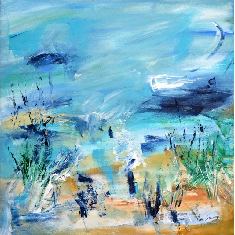 Océan - Tableau abstrait bleu mer sable