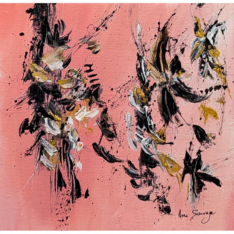 tableau abstrait rose noir or