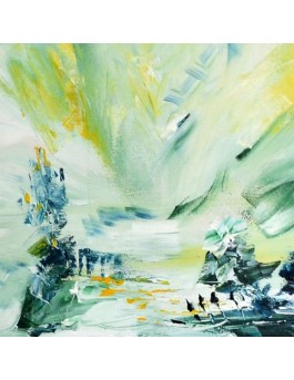 Tableau abstrait vert et jaune au couteau