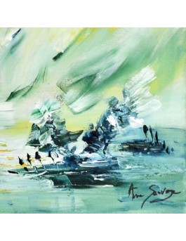Tableau abstrait vert et jaune au couteau