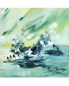 Tableau abstrait vert et jaune au couteau
