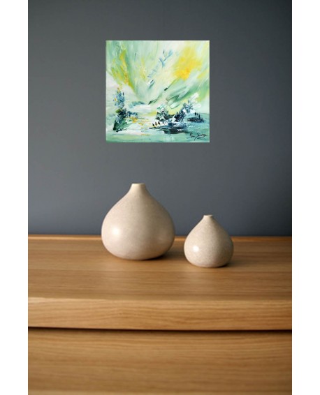 Tableau abstrait vert et jaune au couteau