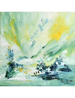 Tableau abstrait vert et jaune au couteau