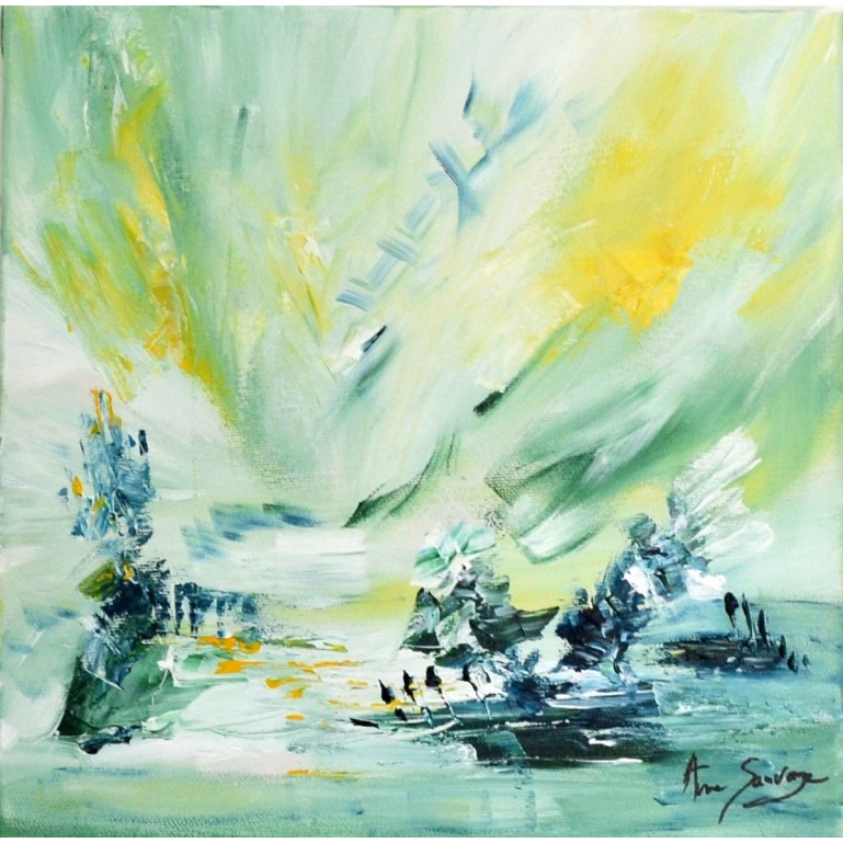 Tableau abstrait vert et jaune au couteau