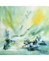 Tableau abstrait vert et jaune au couteau