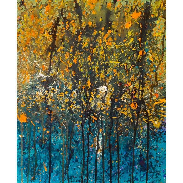 tableau moderne bleu jaune dripping