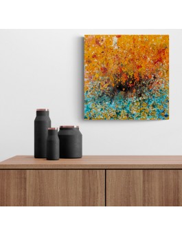 tableau abstrait orange jaune et bleu