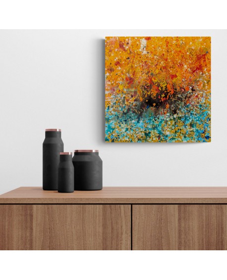 tableau abstrait orange jaune et bleu