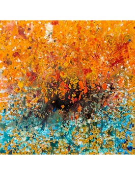 tableau abstrait orange jaune bleu