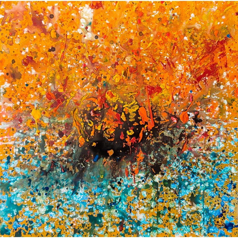 tableau abstrait orange jaune bleu