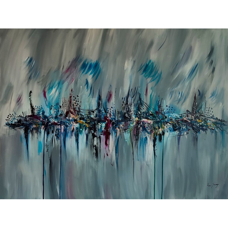 grand tableau abstrait gris bleu