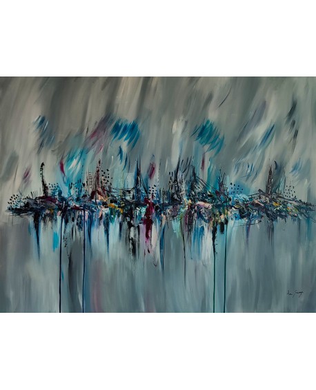 grand tableau abstrait gris bleu