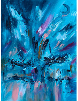 tableau abstrait bleu bateaux