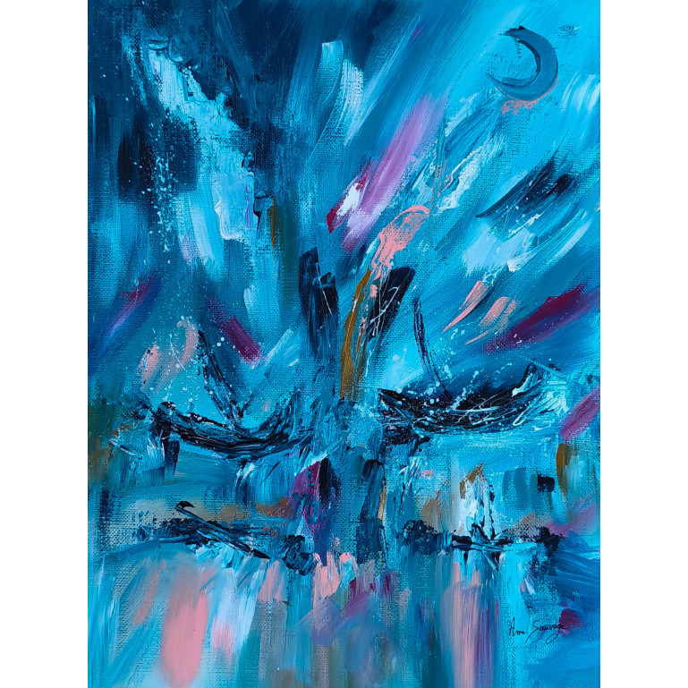 tableau abstrait bleu bateaux