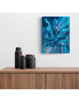 tableau abstrait bleu de bateaux