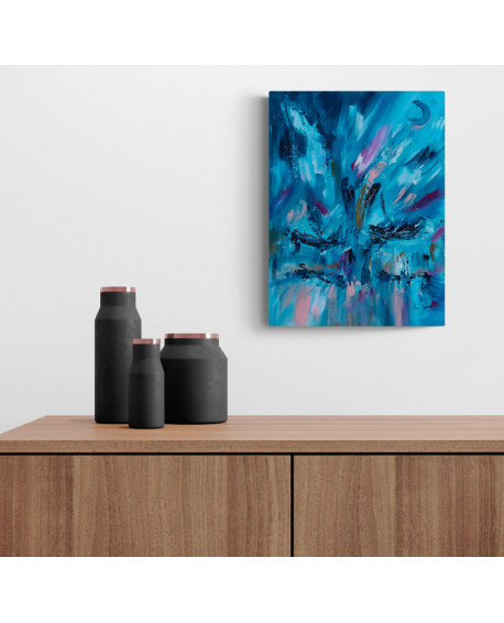 tableau abstrait bleu de bateaux