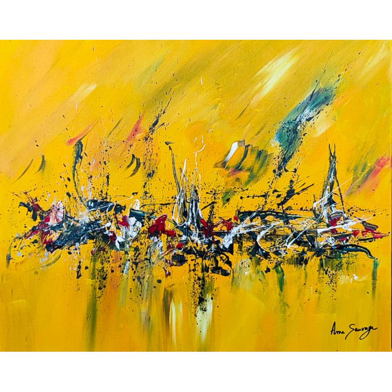 tableau abstrait contemporain jaune noir rouge