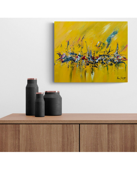 tableau abstrait contemporain jaune noir rouge