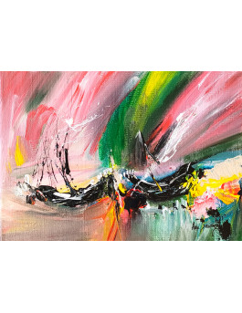 petit tableau abstrait rouge vert noir bateaux