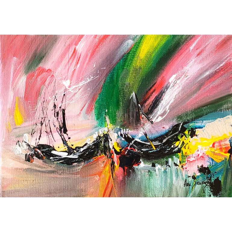 petit tableau abstrait rouge vert noir bateaux