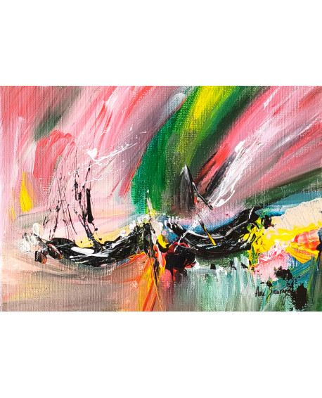petit tableau abstrait rouge vert noir bateaux