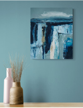 tableau abstrait texturé bleu et verge sauge, ciment style industriel
