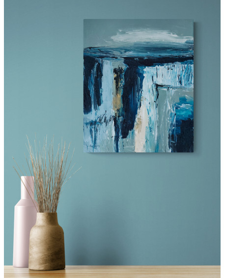 tableau abstrait texturé bleu et verge sauge, ciment style industriel