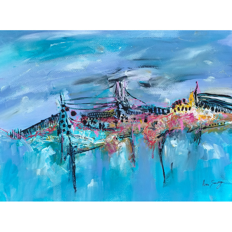 tableau abstrait bleu acrylique sur papier
