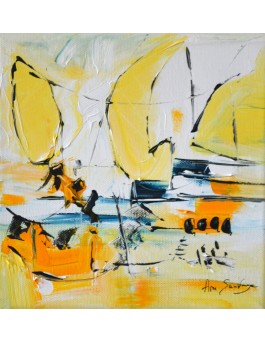 Peinture abstraite jaune kitsurf envol sur les vagues