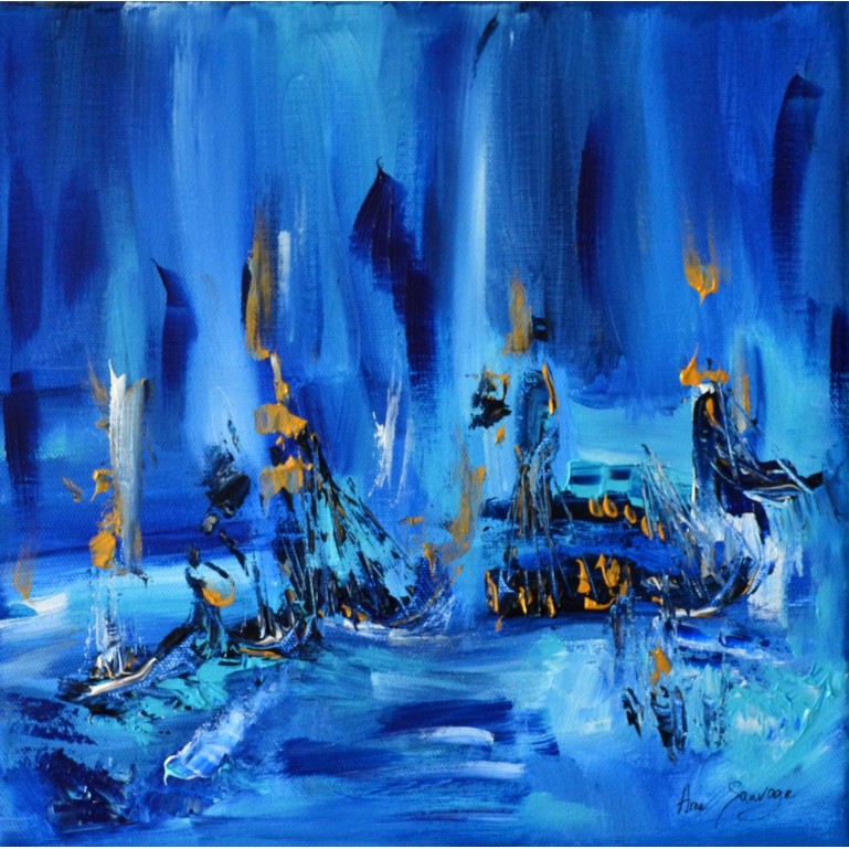 Tableau abstrait bleu bateaux en mer