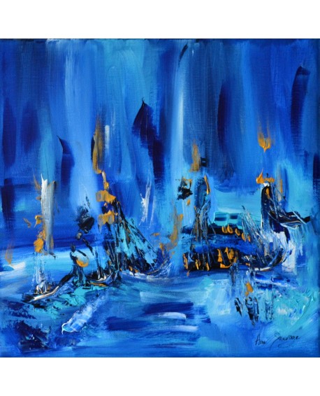 Tableau abstrait bleu bateaux en mer