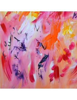 Fleurs du soleil - tableau abstrait rouge et orange sur bois entoilé