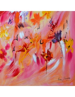 Fleurs du soleil - tableau abstrait rouge et orange sur bois entoilé