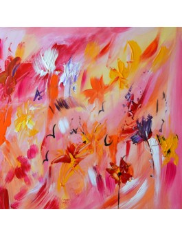 Fleurs du soleil - tableau abstrait rouge et orange sur bois entoilé
