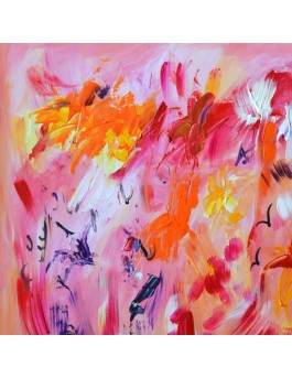 Fleurs du soleil - tableau abstrait rouge et orange sur bois entoilé