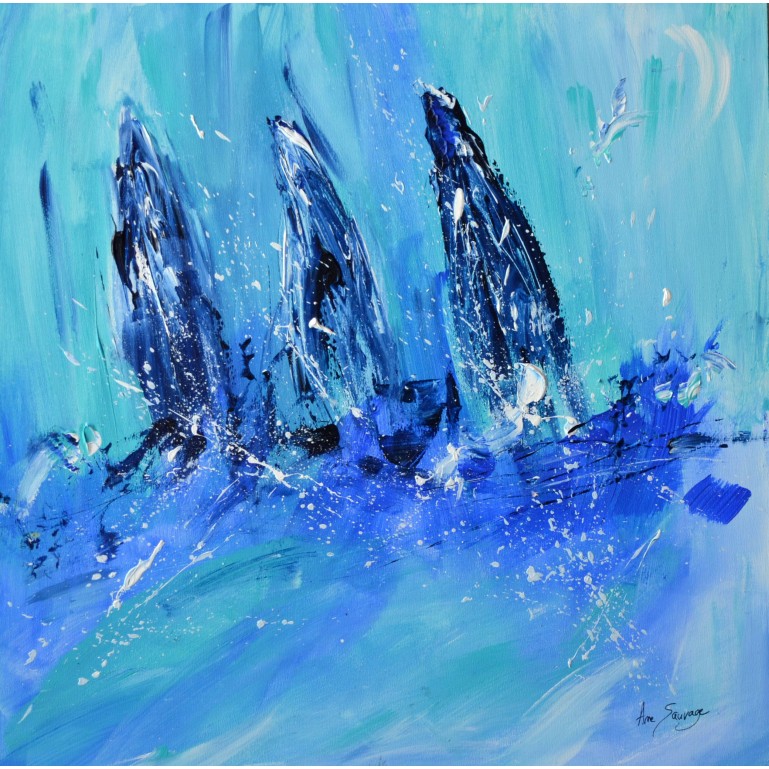 Trois voiliers - tableau abstrait de bateaux sur bois entoilé