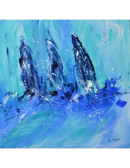 Trois voiliers - tableau abstrait de bateaux sur bois entoilé