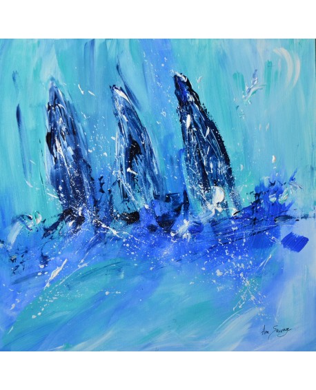 Trois voiliers - tableau abstrait de bateaux sur bois entoilé