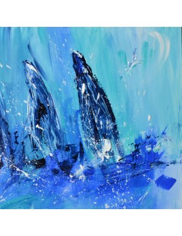 Trois voiliers - tableau abstrait de bateaux sur bois entoilé