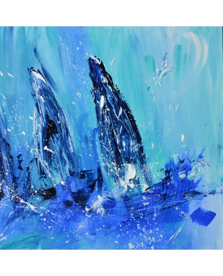 Trois voiliers - tableau abstrait de bateaux sur bois entoilé