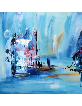 tableau abstrait bleu sur bois entoilé
