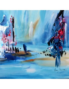 tableau abstrait bleu sur bois entoilé