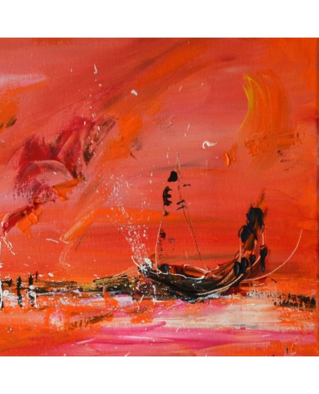 Bateaux sur le monde - tableau abstrait orange